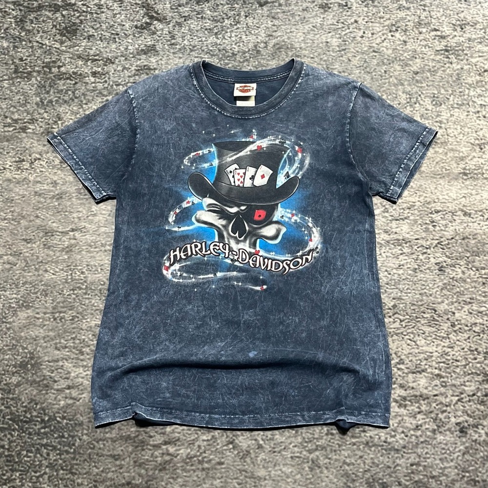 Vintage Harley Davidson T Shirt Skull Playing Cards Mens Small Blue 2007 Biker